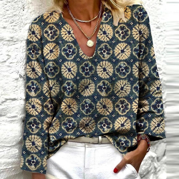 BARTLIA Tops - Retro Print Long Sleeve Blouse